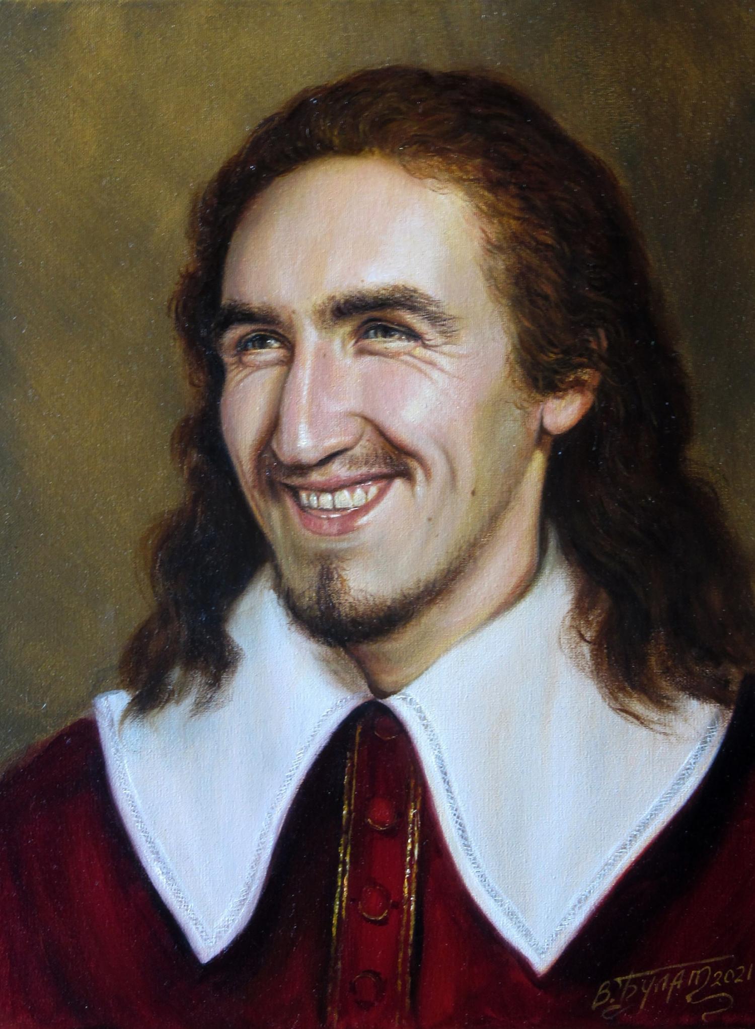 Oil painting Fun time Valeriy Bulat portrait of smiling man in red garment