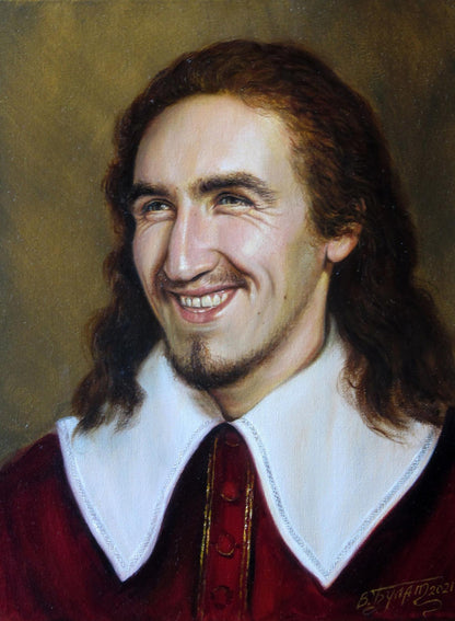 Oil painting Fun time Valeriy Bulat portrait of smiling man in red garment