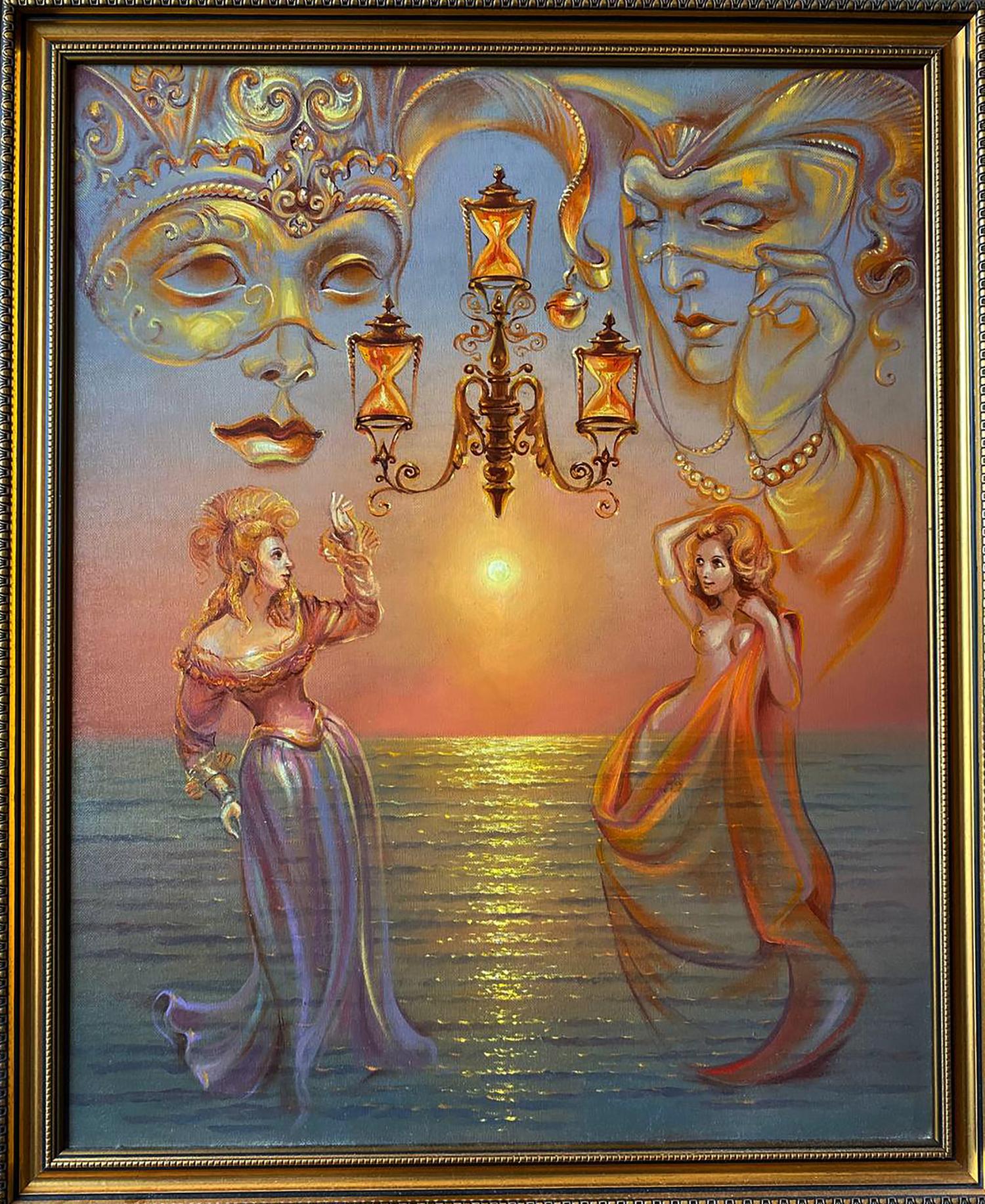 Oil painting Venetian Dream by Natalia Bulat with women, masks, hourglasses