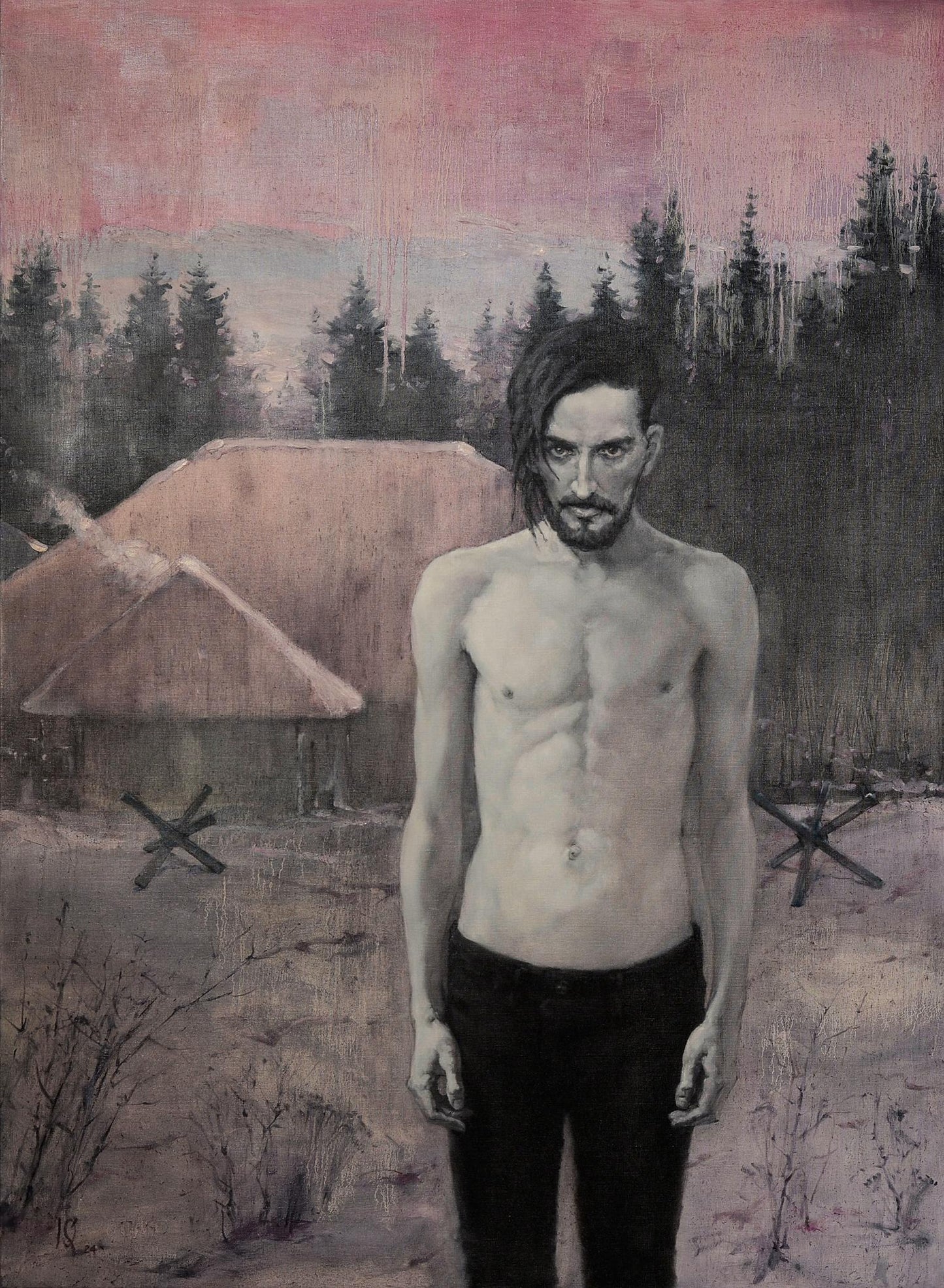 Oil painting by Oleg Kateryniuk: shirtless bearded man before thatched roofs, pink sky
