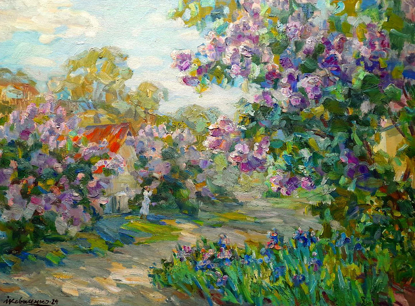 Vibrant impressionist lilac garden painting by Ivan Kovalenko, Oi painting