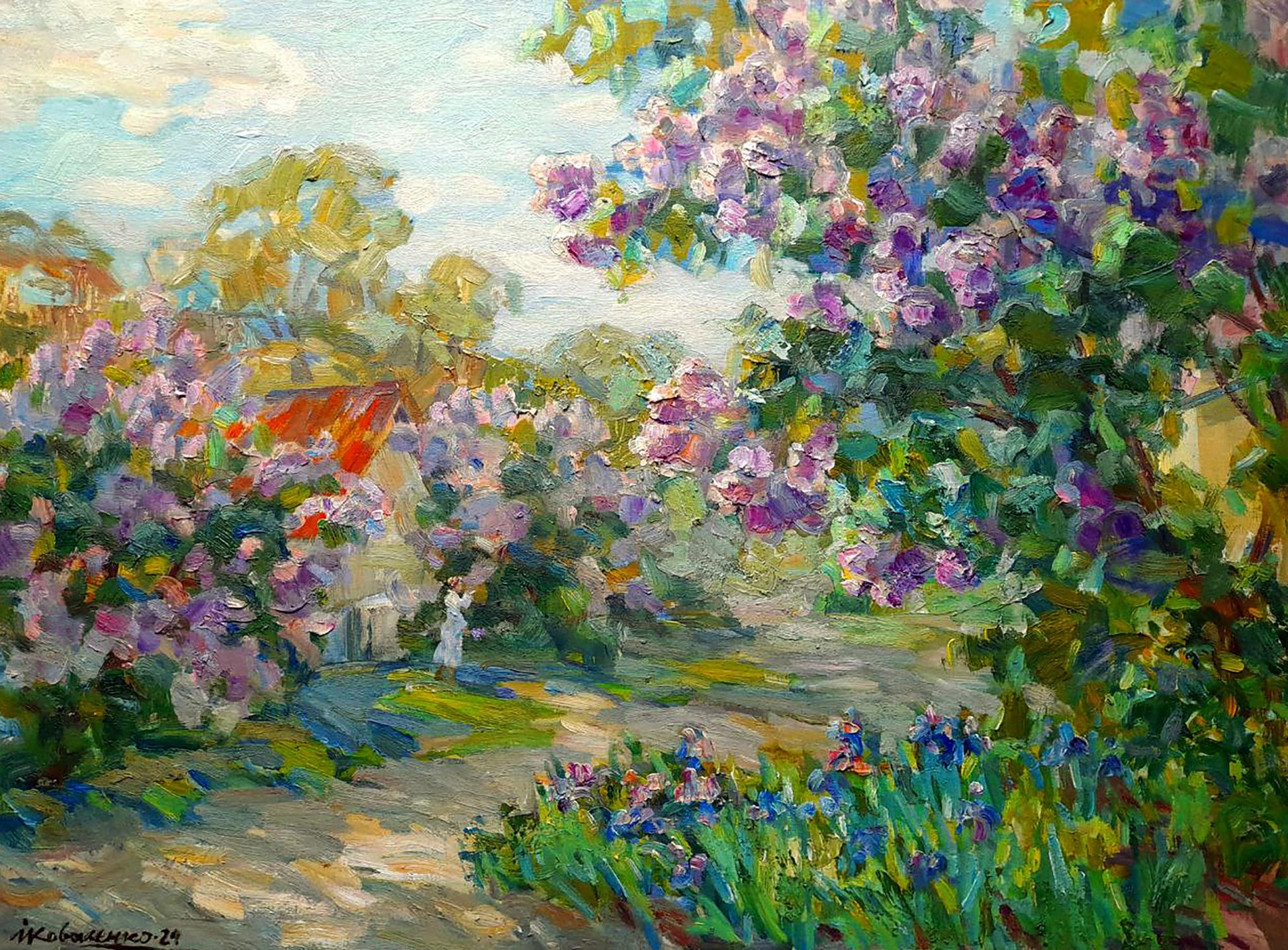 Vibrant impressionist lilac garden painting by Ivan Kovalenko, Oi painting