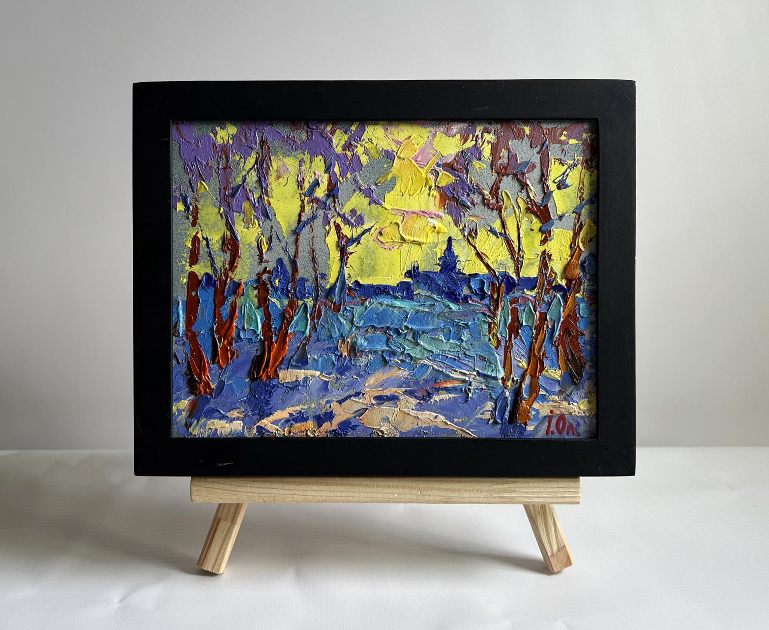 Oil painting Winter evening with yellow sunset by Oleksiy Ivanyuk in black frame