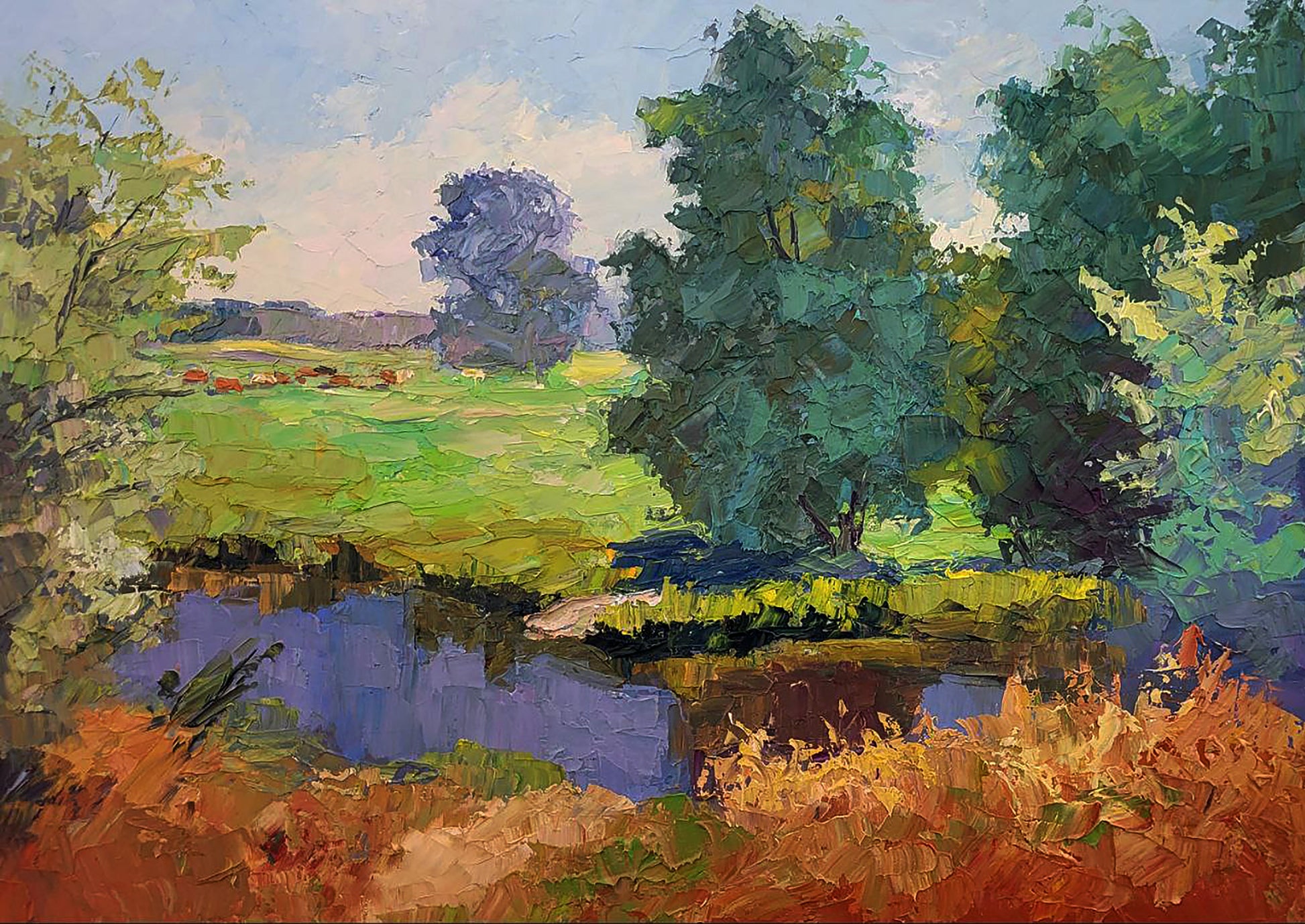 Oil painting Summer day by Serdyuk Boris Petrovich: impressionistic lush fields, river, trees