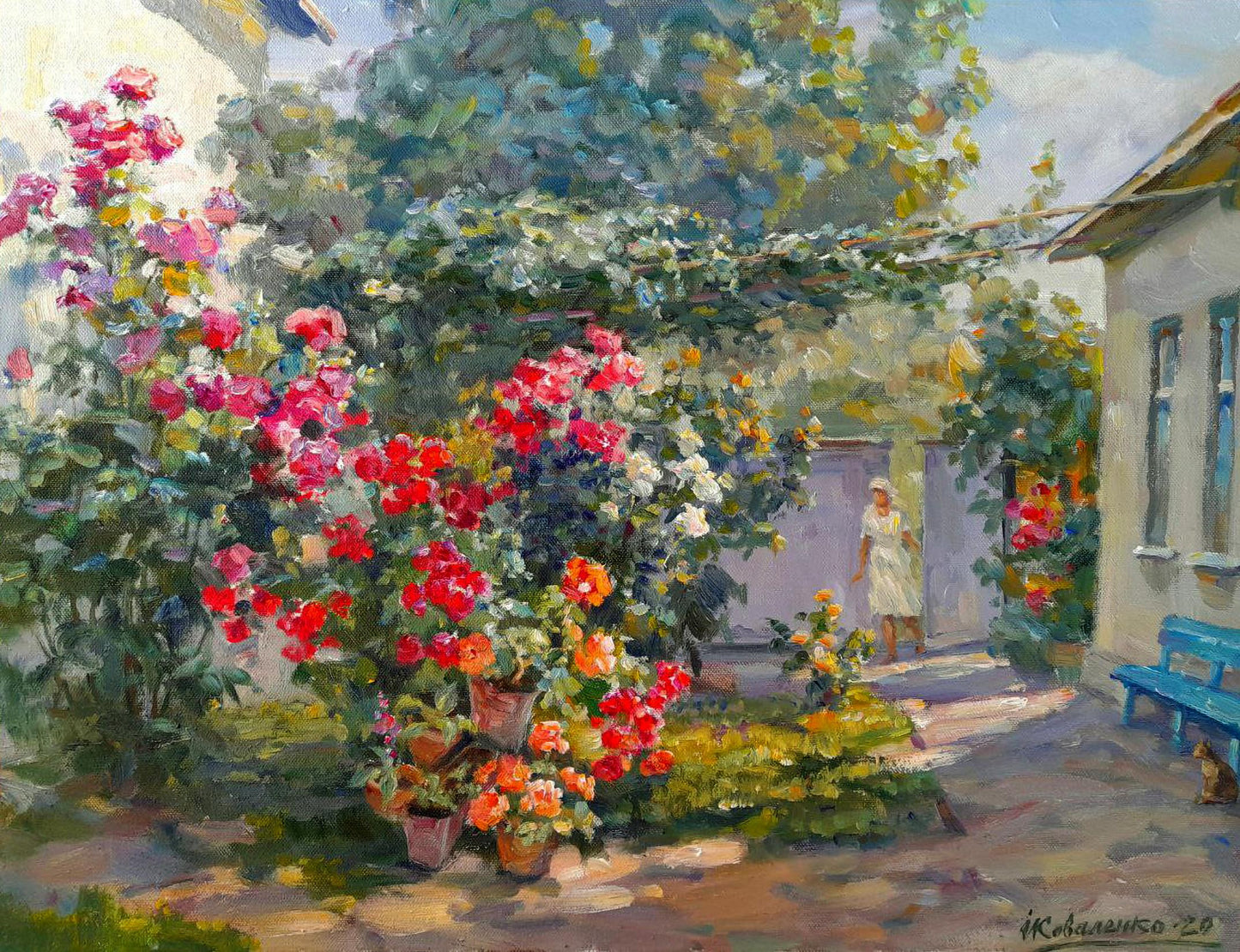 Oil painting Under the arch of peace by Ivan Kovalenko: vibrant roses cascading over arbor