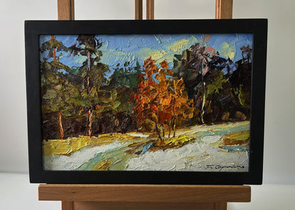 Oil painting The first snow fell by Boris Serdyuk, vibrant autumn landscape