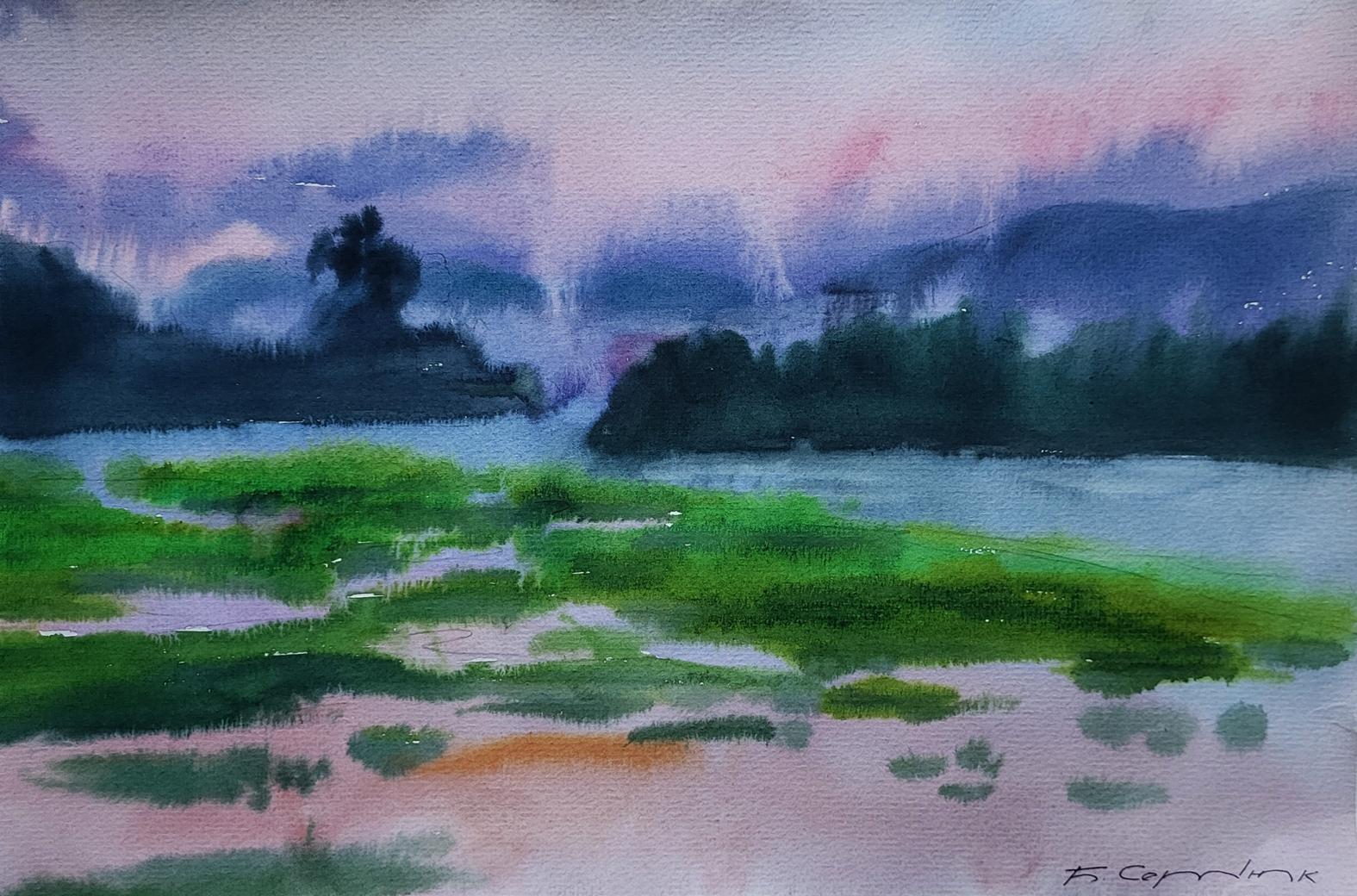 Watercolor painting Morning Fog by Boris Serdyuk serene misty landscape