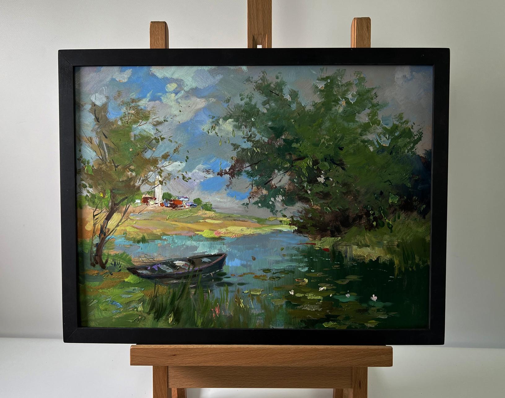 Oil painting of river near village by Yuriy Suprunchuk, serene lakeside scene