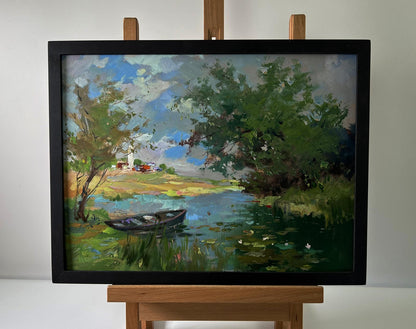 Oil painting of river near village by Yuriy Suprunchuk, serene lakeside scene