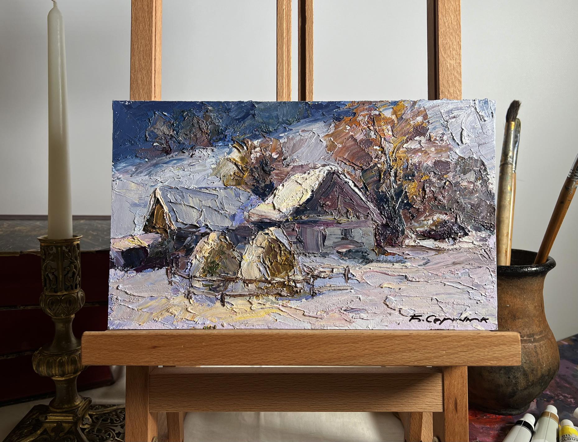 Oil painting Winter village evening by Boris Serdyuk snowy scene