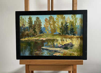 Oil painting of forest reflection in serene autumn lakeside pond by Yuriy Suprunchuk
