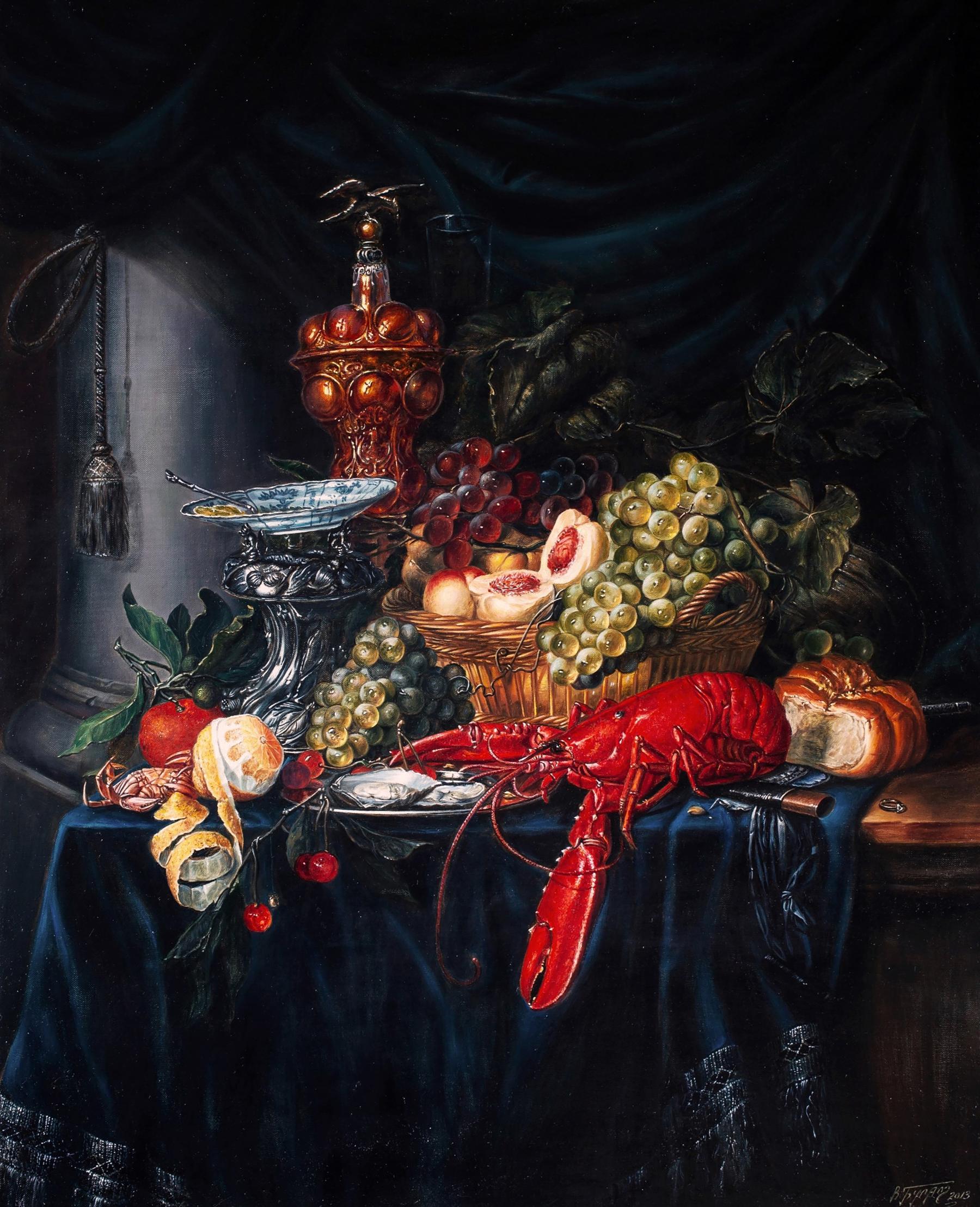 Oil painting Still Life with Golden Cup and red lobster by Valeriy Bulat