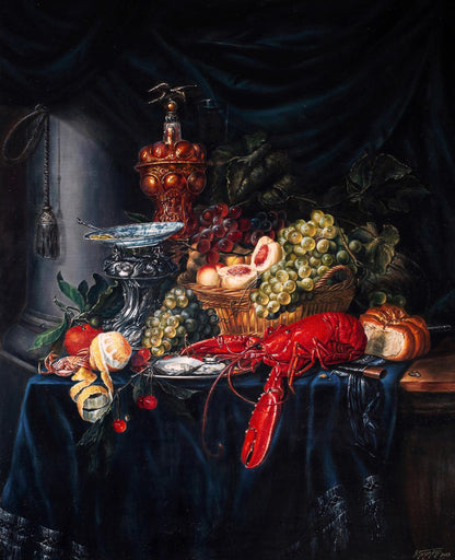 Oil painting Still Life with Golden Cup and red lobster by Valeriy Bulat