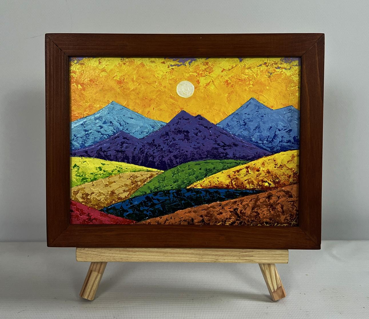 Oil painting Sunset is like fire in the mountains by V. Zadorozhnya in wooden frame
