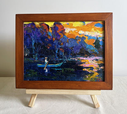 Quiet fishing oil painting by Oksana Ivanyuk in wooden frame