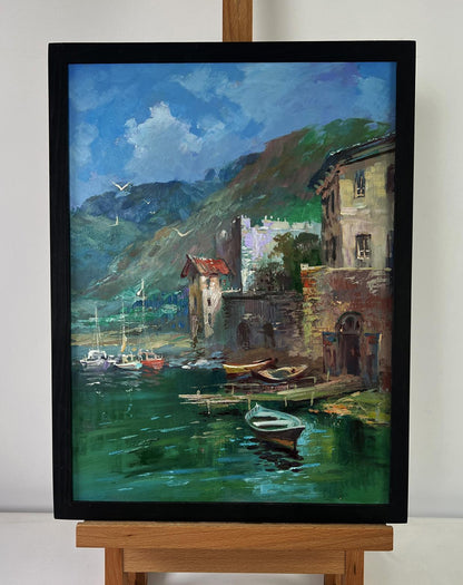 Oil painting Coast with quiet houses by Yuriy Suprunchuk, coastal village scene