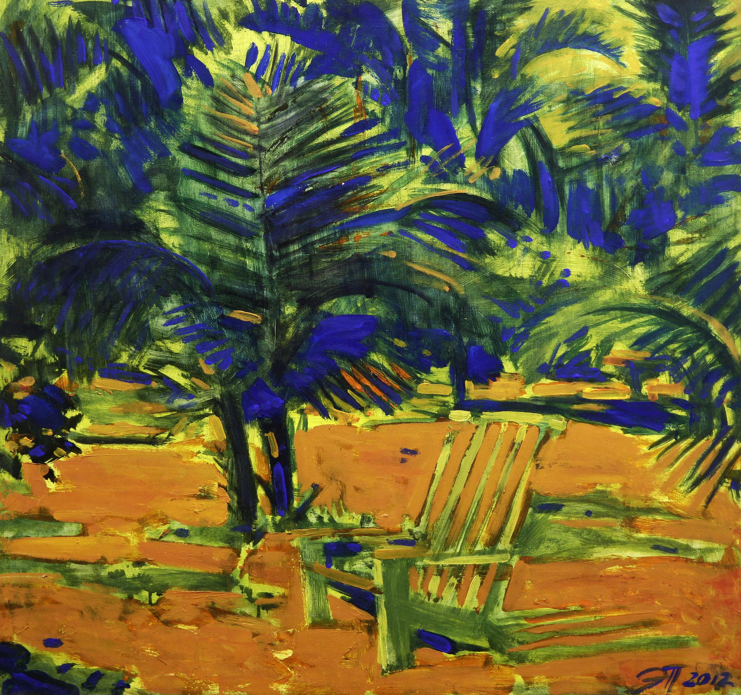 Vibrant green Adirondack chair under stylized palm trees in Tropic Ed Potapenkov oil painting