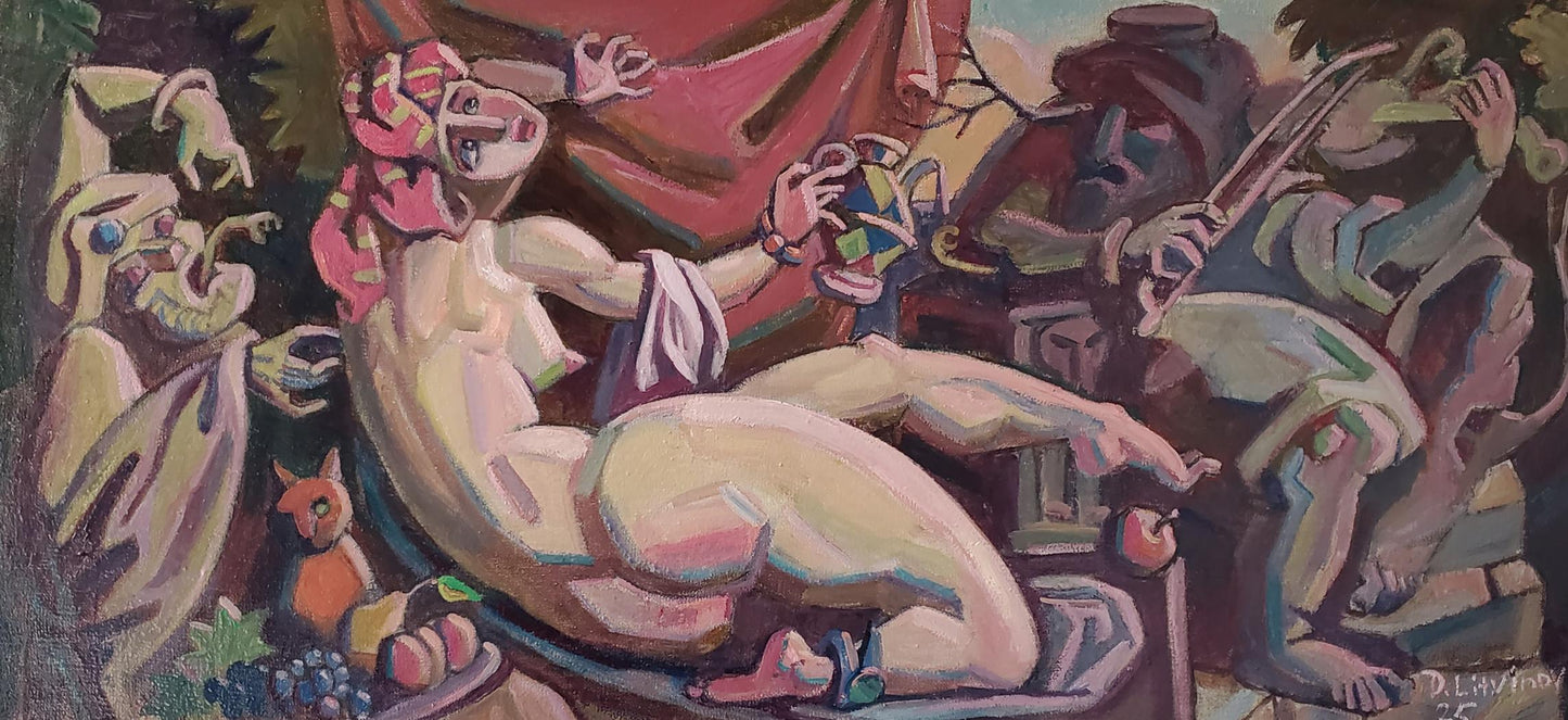 Cubist oil painting Susanna and the Elders by Daniil Litvinov, nude woman reclining