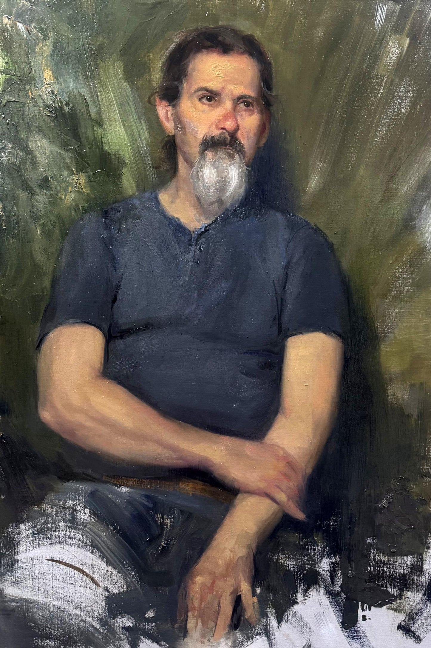 Oil painting Thoughts of Jose Annam Butt portrait of bearded man in blue shirt