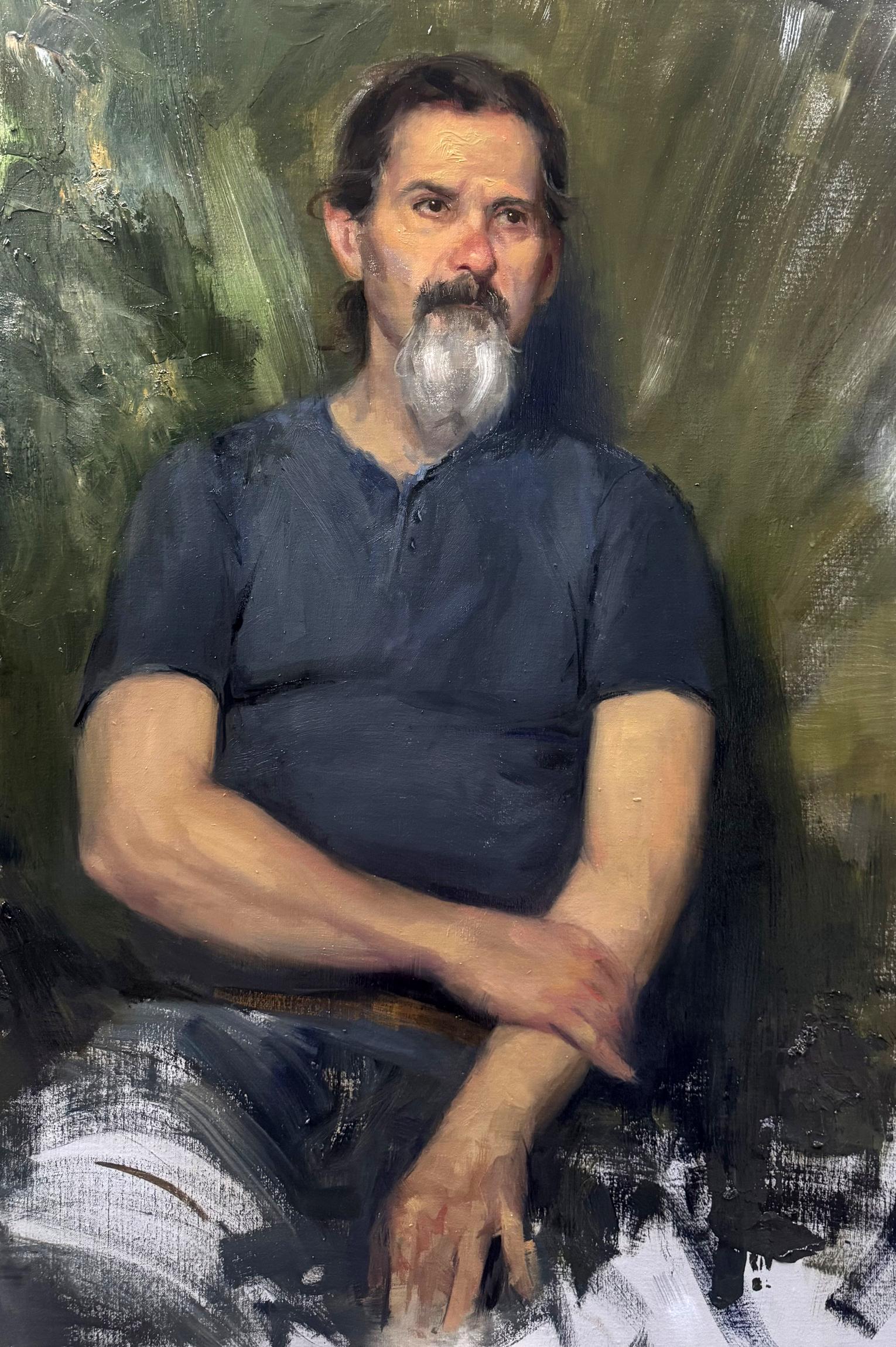 Oil painting Thoughts of Jose Annam Butt portrait of bearded man in blue shirt
