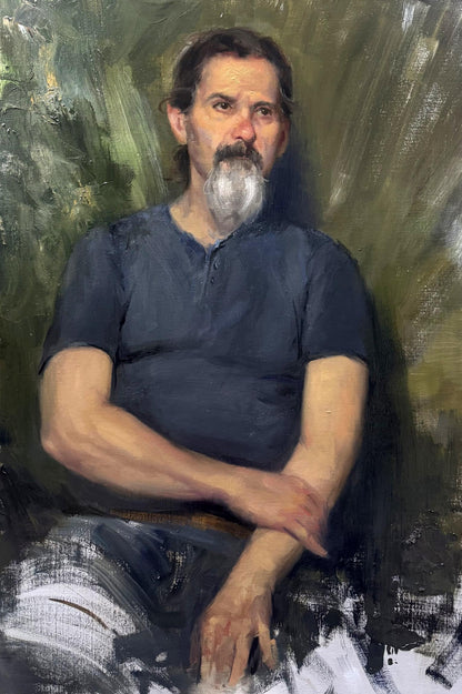 Oil painting Thoughts of Jose Annam Butt portrait of bearded man in blue shirt