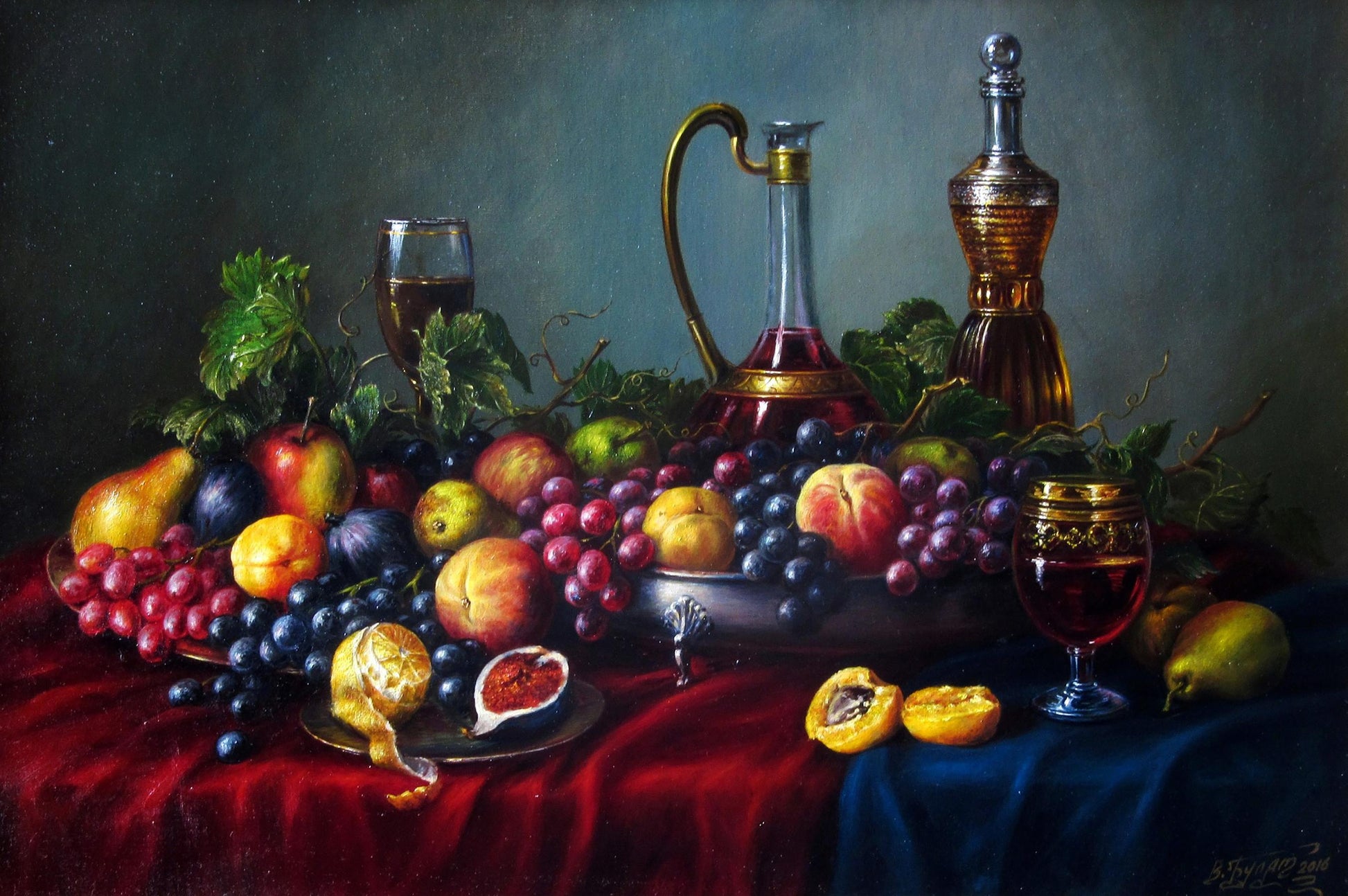 Oil painting Summer Treats Valeriy Bulat with ornate silver decanter