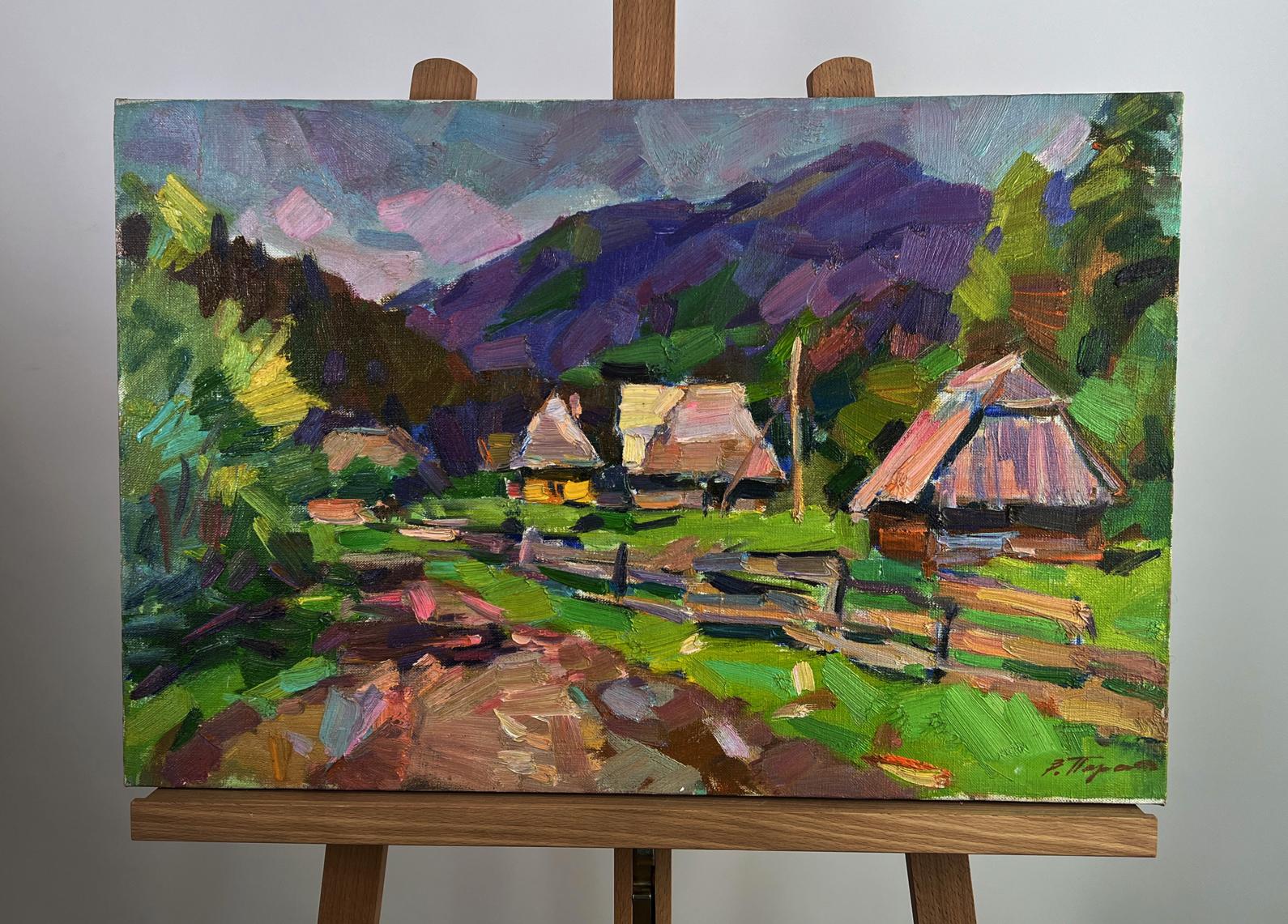Vibrant oil painting of mountains above village by Vyacheslav Pereta