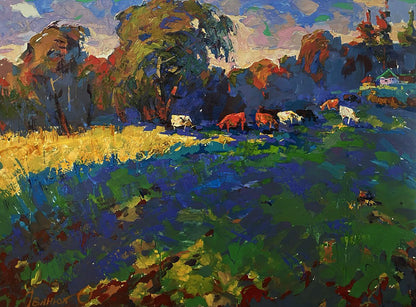 Vibrant impressionist oil painting of cows grazing in field by Oleksiy Ivanyuk