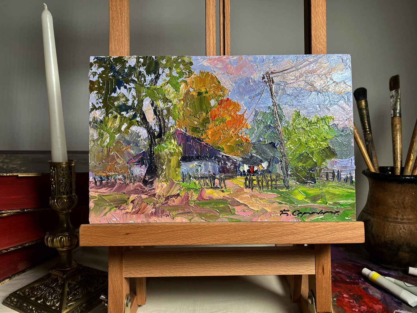 Oil painting September Day by Boris Serdyuk, vibrant autumn village scene