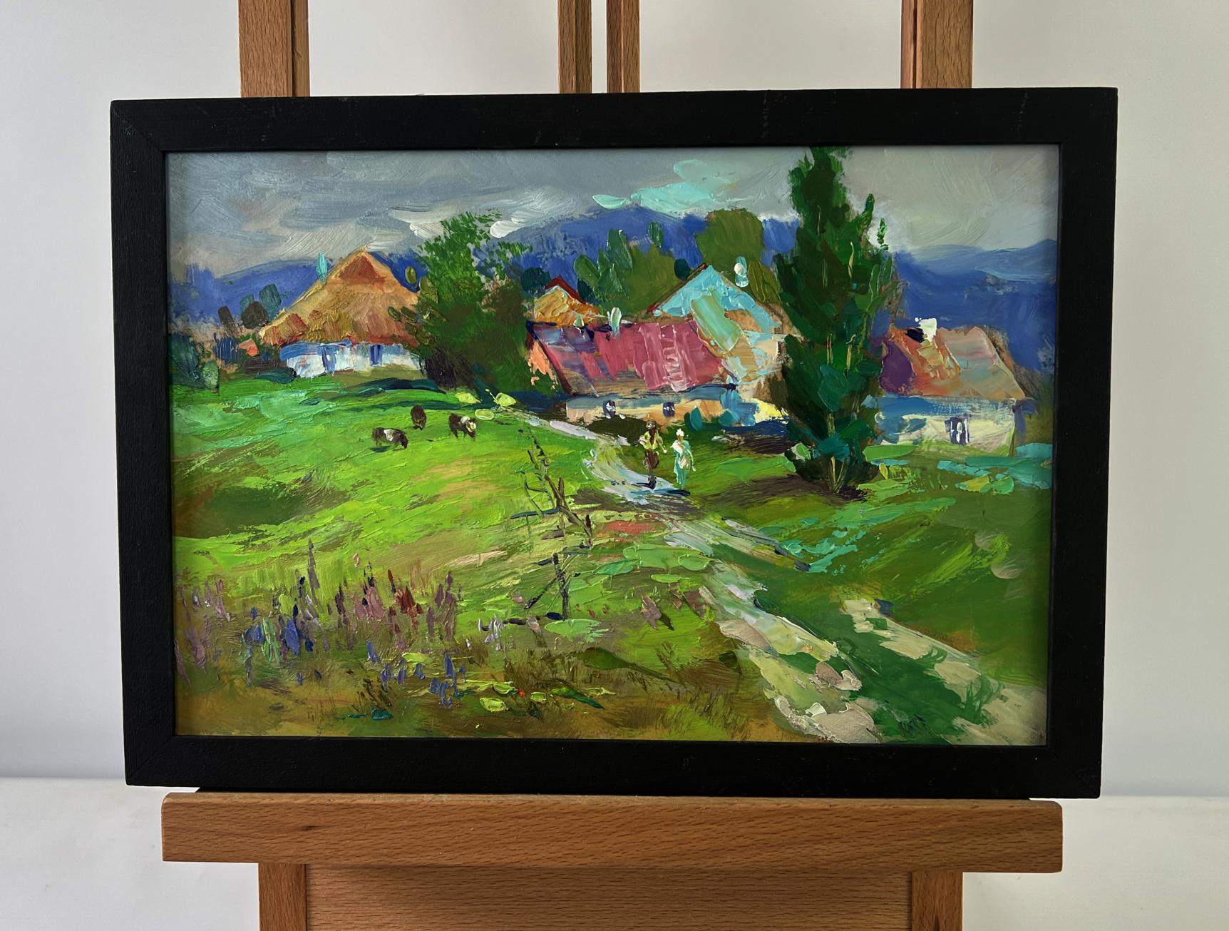 Vibrant impressionist oil painting by Yuriy Suprunchuk of path to rural field in black frame