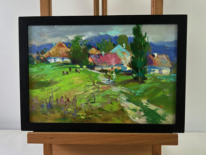 Vibrant impressionist oil painting by Yuriy Suprunchuk of path to rural field in black frame