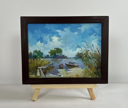 Framed Oil painting After a hard day in nature by Yuriy Suprunchuk lakeside scene