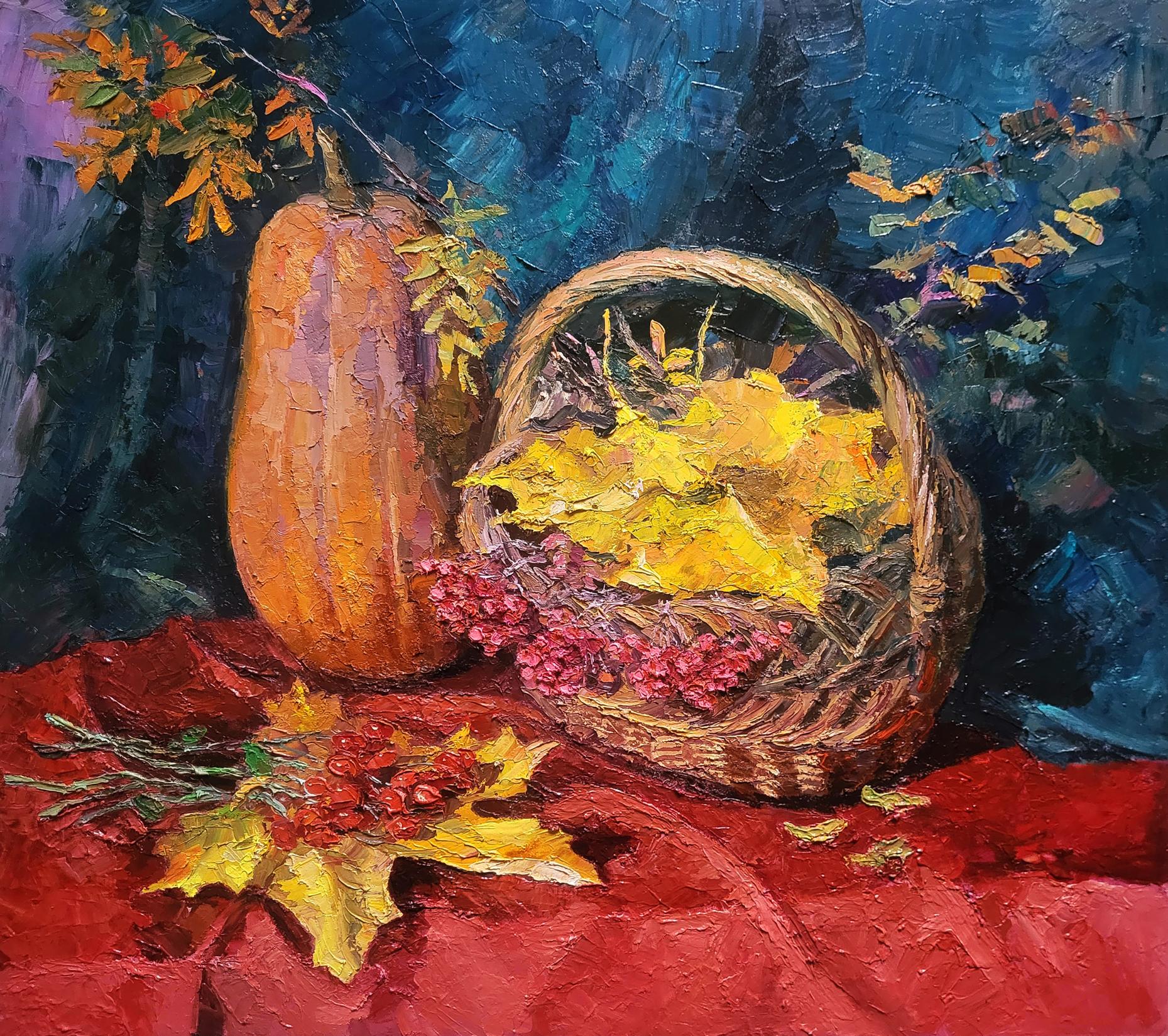 Oil painting of Boris Serdyuk still life with pumpkin and autumn leaves