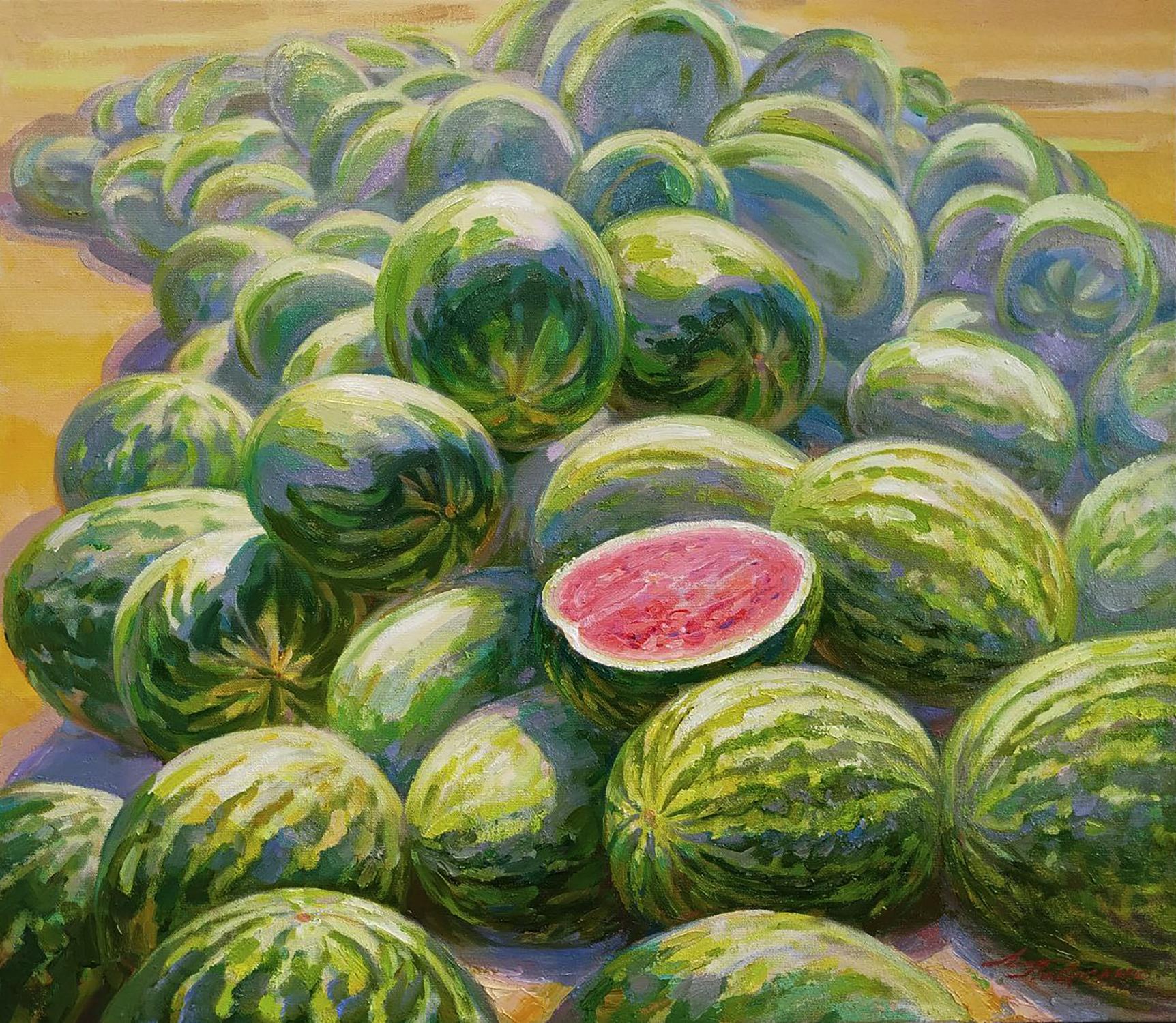 Oil painting of green-striped watermelon harvest by Leonid Pavlenko