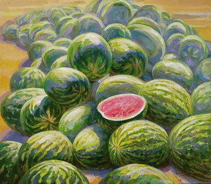 Oil painting of green-striped watermelon harvest by Leonid Pavlenko