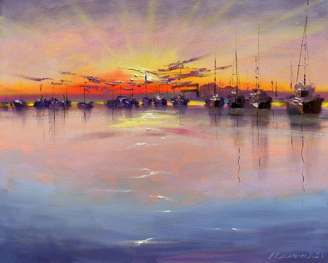 Oil painting Sunset at the Pier Olena Klimenko