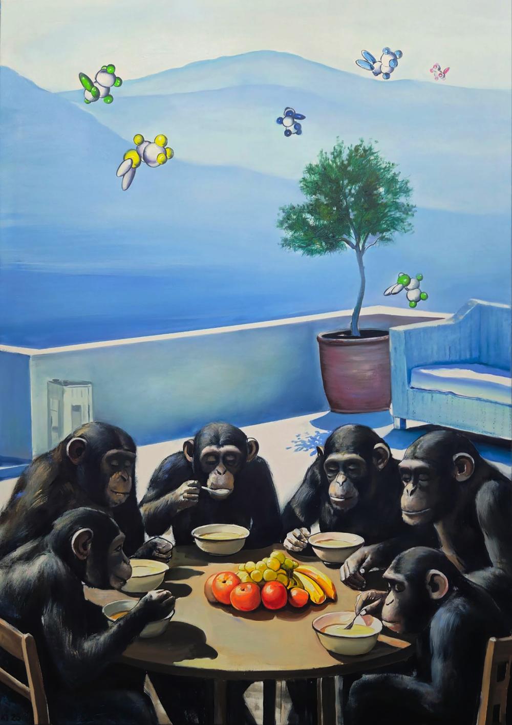 Oil painting of monkeys on vacation by Igor Konovalov: chimps at breakfast