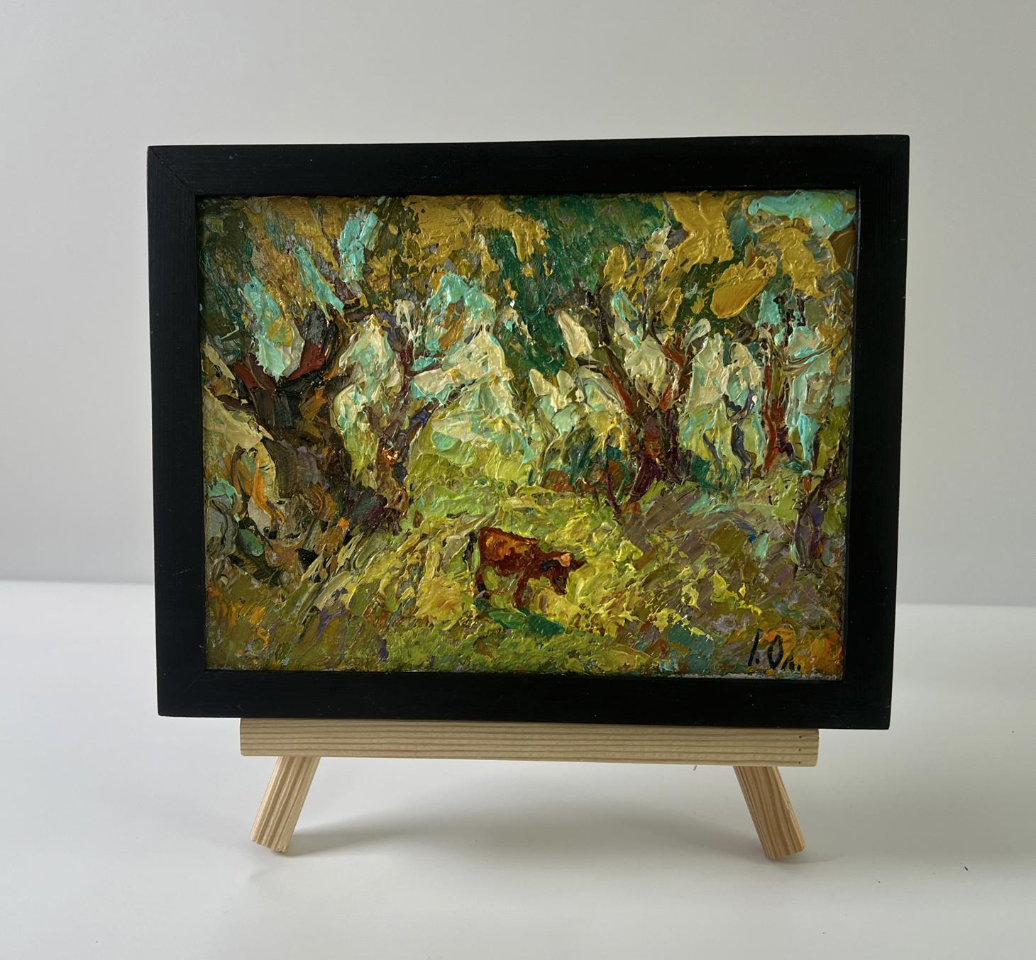 Oil painting In the shade of the trees by Oleksiy Ivanyuk: impressionistic brown cow in green foliage