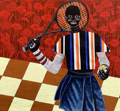 Stylized figure in striped shirt and skirt holds tennis racket in Focus on the Goal painting by Akintomide Akinshola