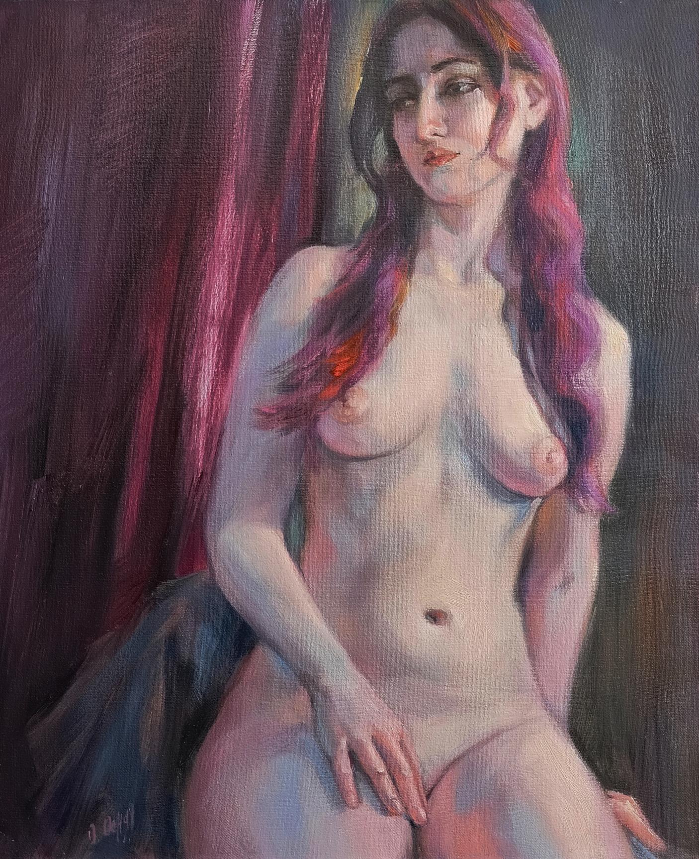 Impressionistic oil painting of female figure with violet hair, Oksana Osnach