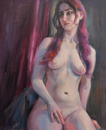 Impressionistic oil painting of female figure with violet hair, Oksana Osnach