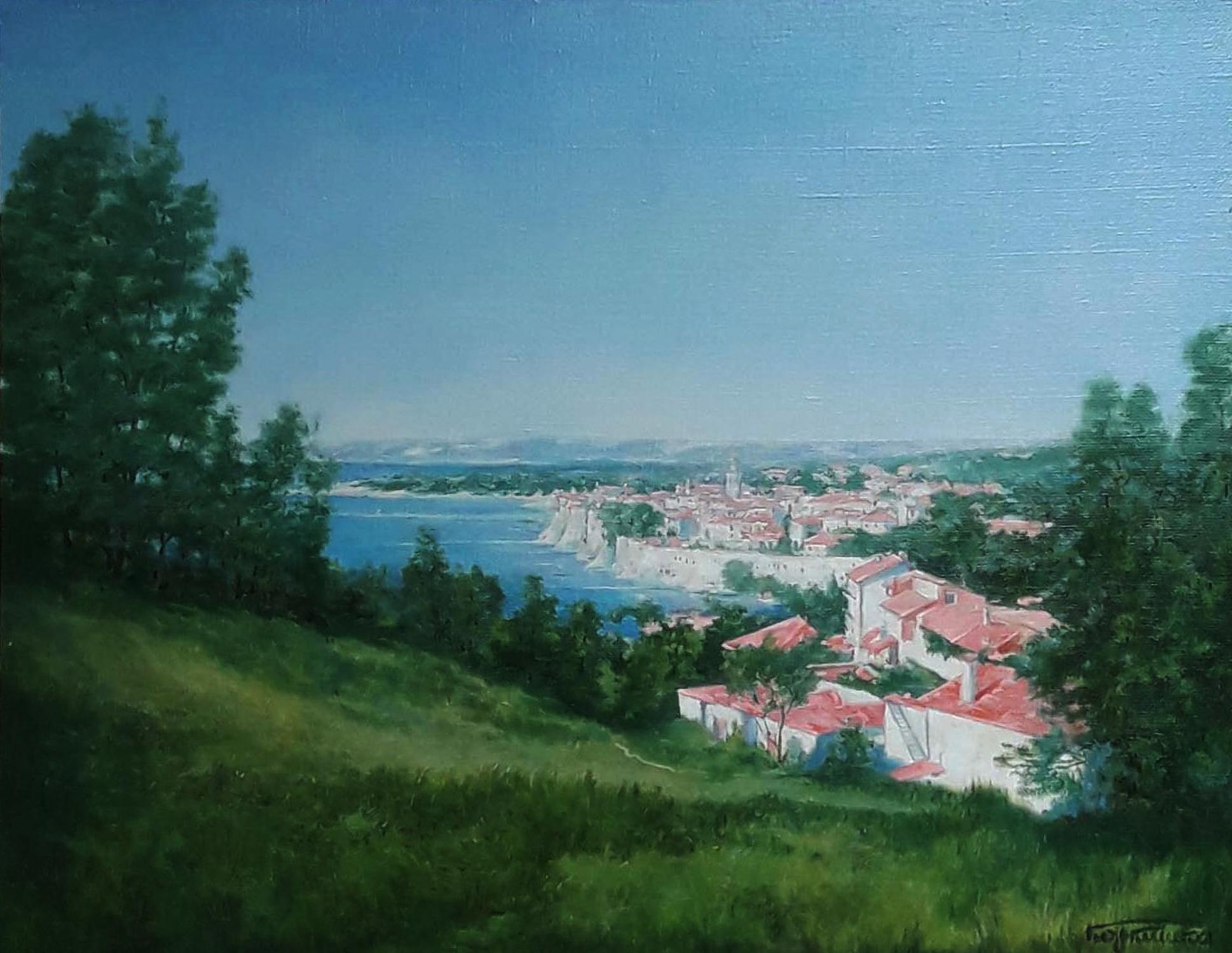 Oil painting City Island by Vasily Korkishko: serene coastal town