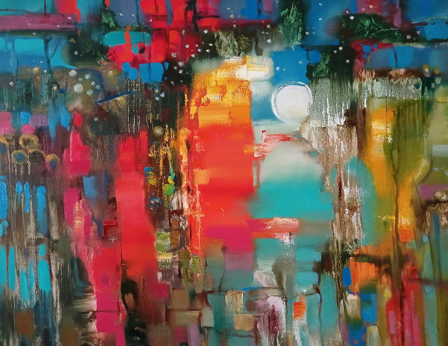 Vibrant abstract oil painting Cantata by Anatoly Tarabanov with bold red blue orange strokes