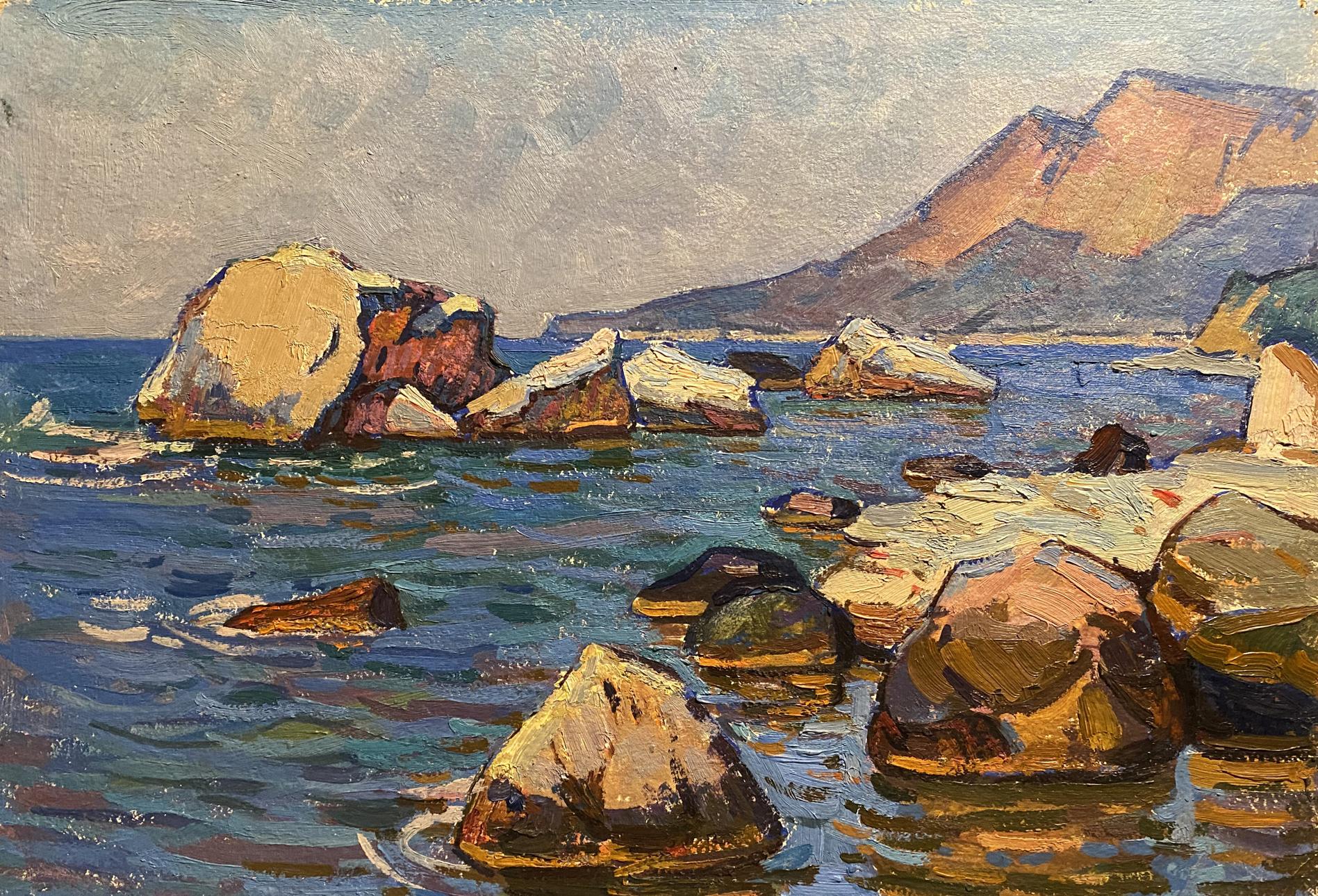 Oil painting Sea shore Grigoriy Ruban: sunlit ocean rocks and mountains