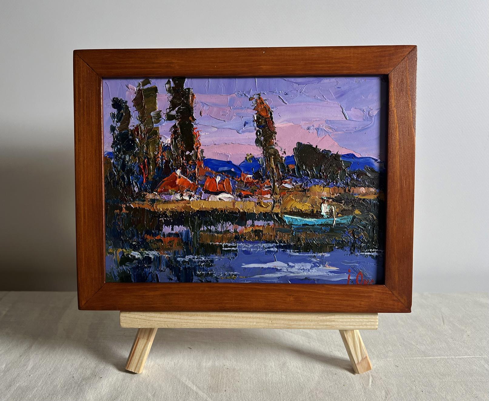 Oil painting Swimming on the lake by Oksana Ivanyuk lakeside dusk scene