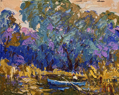 Oil painting Boating on the river by Oleksiy Ivanyuk: blue rowboat on golden water