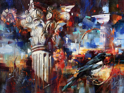 Black-and-white magpie on ornate column in Oil painting Capital by Alexander Dobrodiy