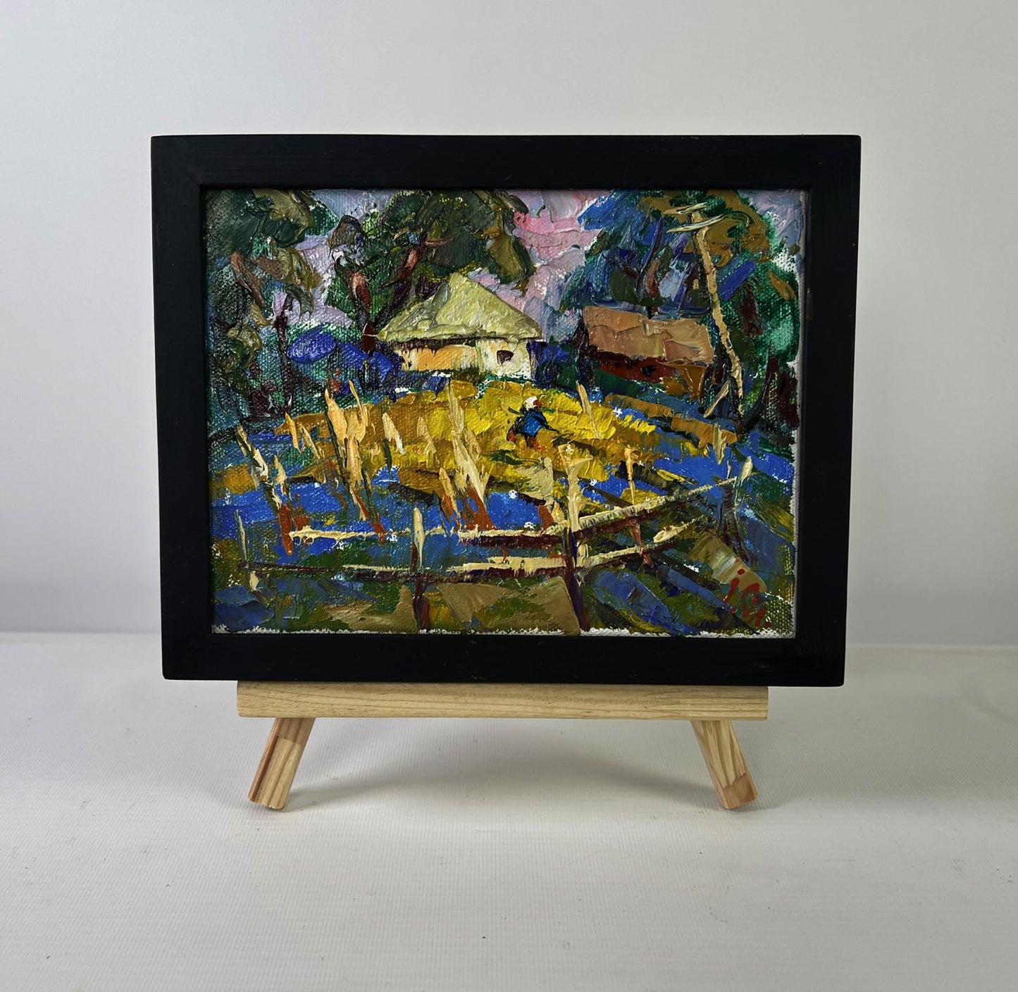 Oil painting Village evening tranquility by Oleksiy Ivanyuk in black frame