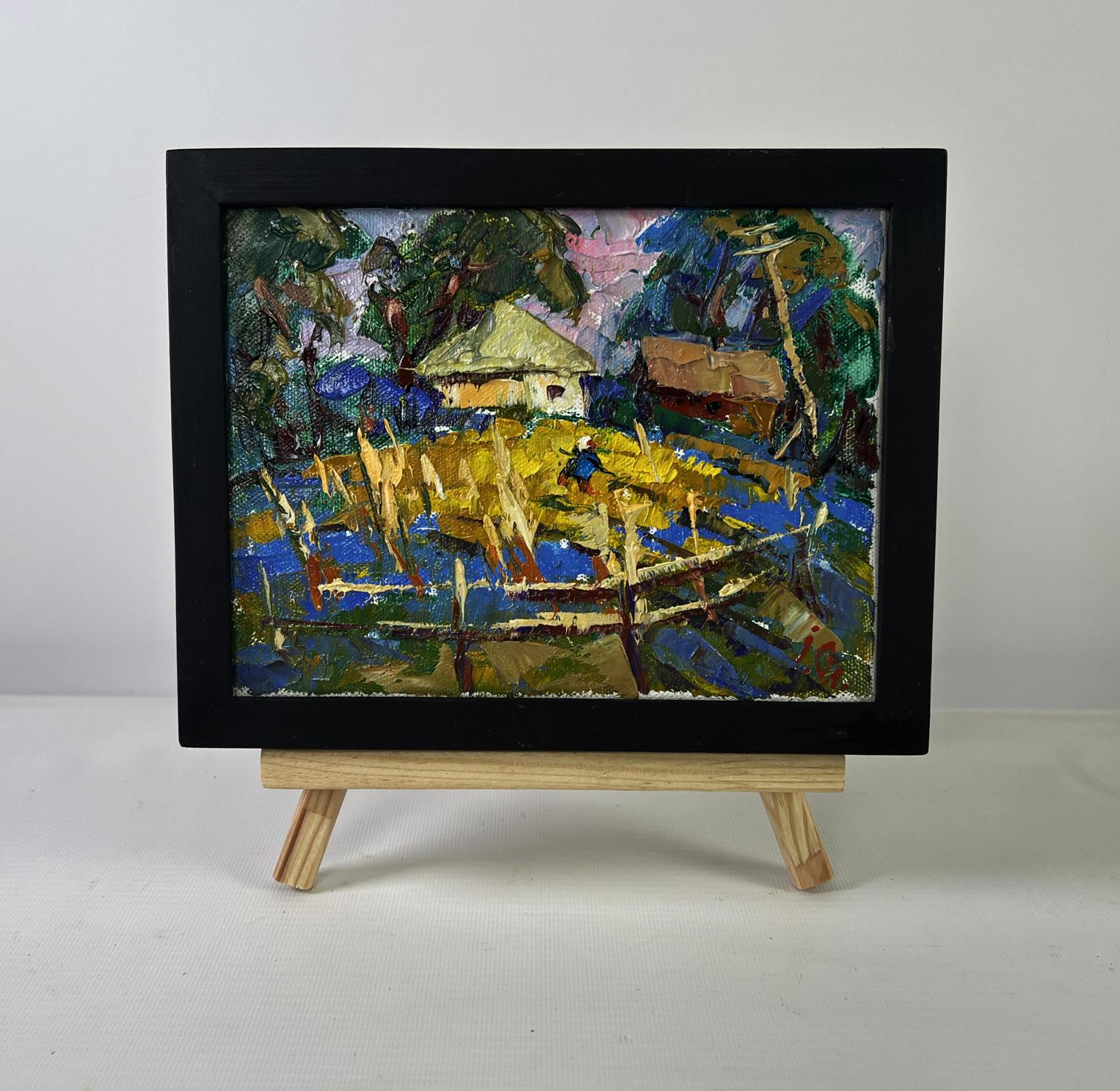 Oil painting Village evening tranquility by Oleksiy Ivanyuk in black frame