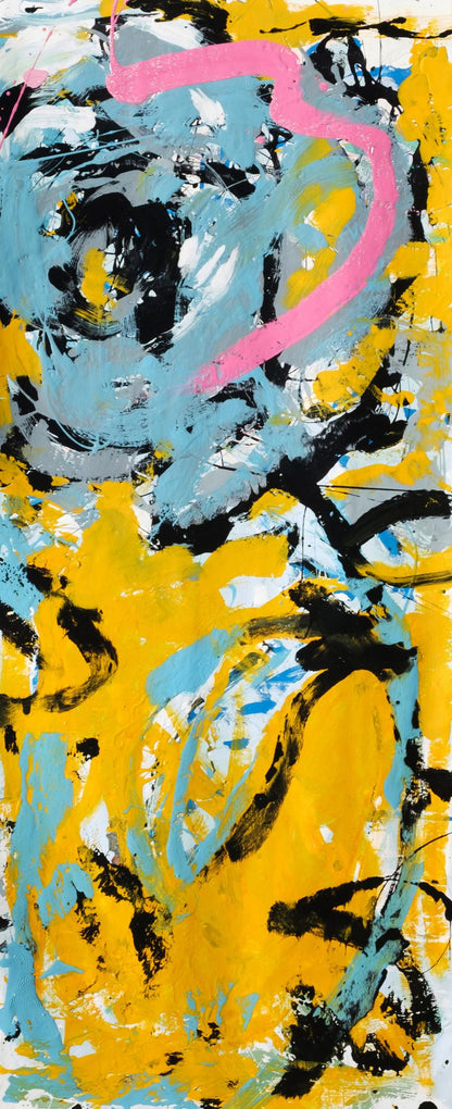 Oil painting Blue Rose by Natalia Korf-Ivaniuk with bold yellow blue black pink strokes